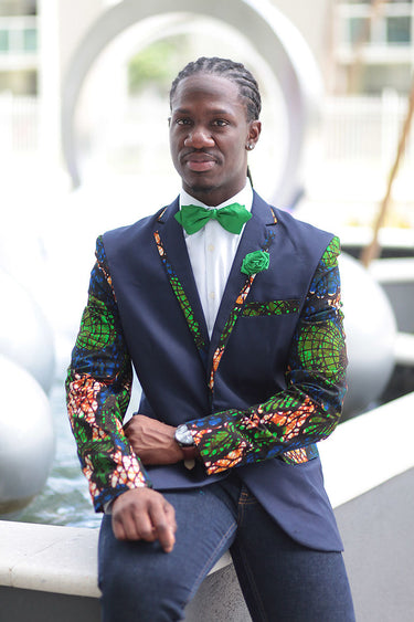 African Print Blazer Jacket - Navy Blue/Blue/Green Floral Print - Africas Closet