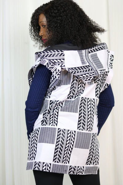 AFRICAN PRINT FALL SLEEVELESS HOODIE - WHITE/BLACK KENTE PRINT