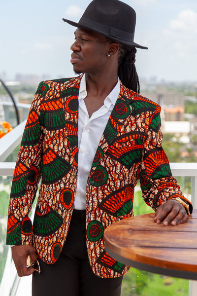 African Print Blazer Jacket - Orange/Green Floral Print - Africas Closet