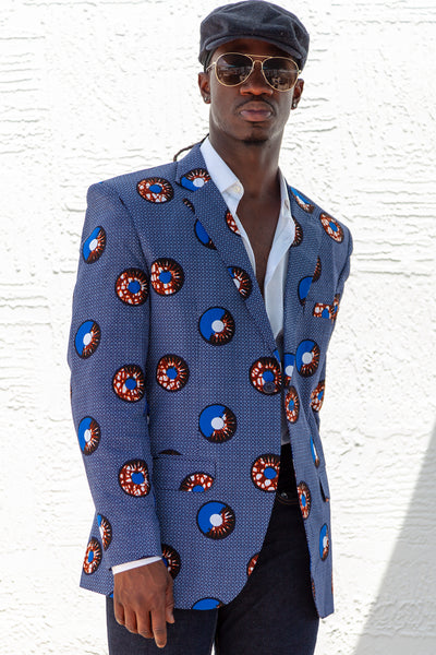 African Print Mens Blazer Jacket - Blue/White & Brown Circle(Concentric) Print - Africas Closet