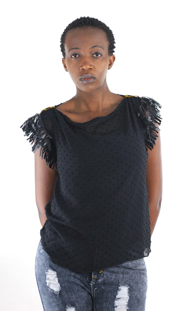 Mila Sheer Fringe Top - Black - Africas Closet