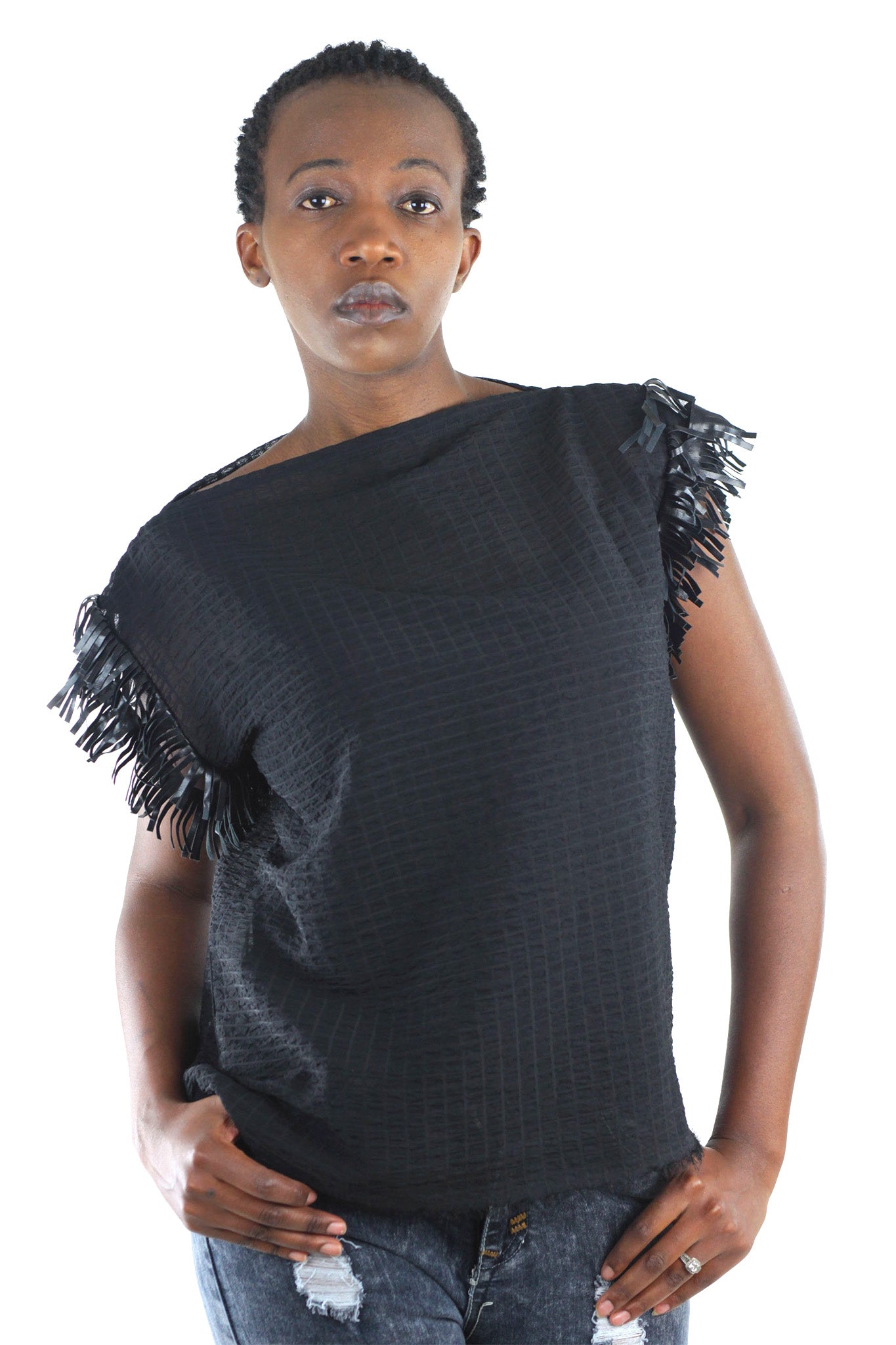 Mila Sheer Ribbed Fringe Top - Black - Africas Closet