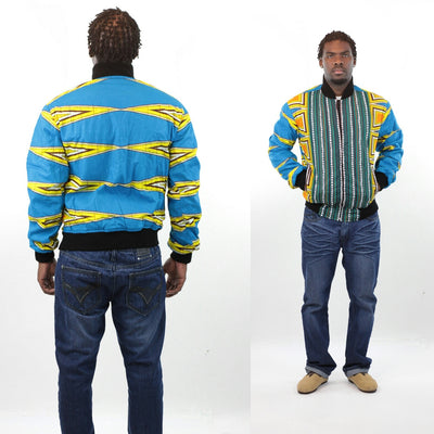 African Bomber Jacket - Blue Yellow Geometric Prints. - Africas Closet