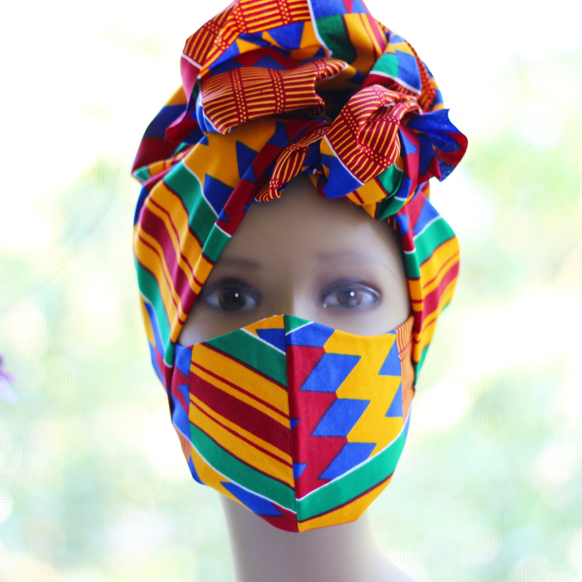 Ankara /African Print Mask (Headwrap Set) - Orange Kente Print - Africas Closet