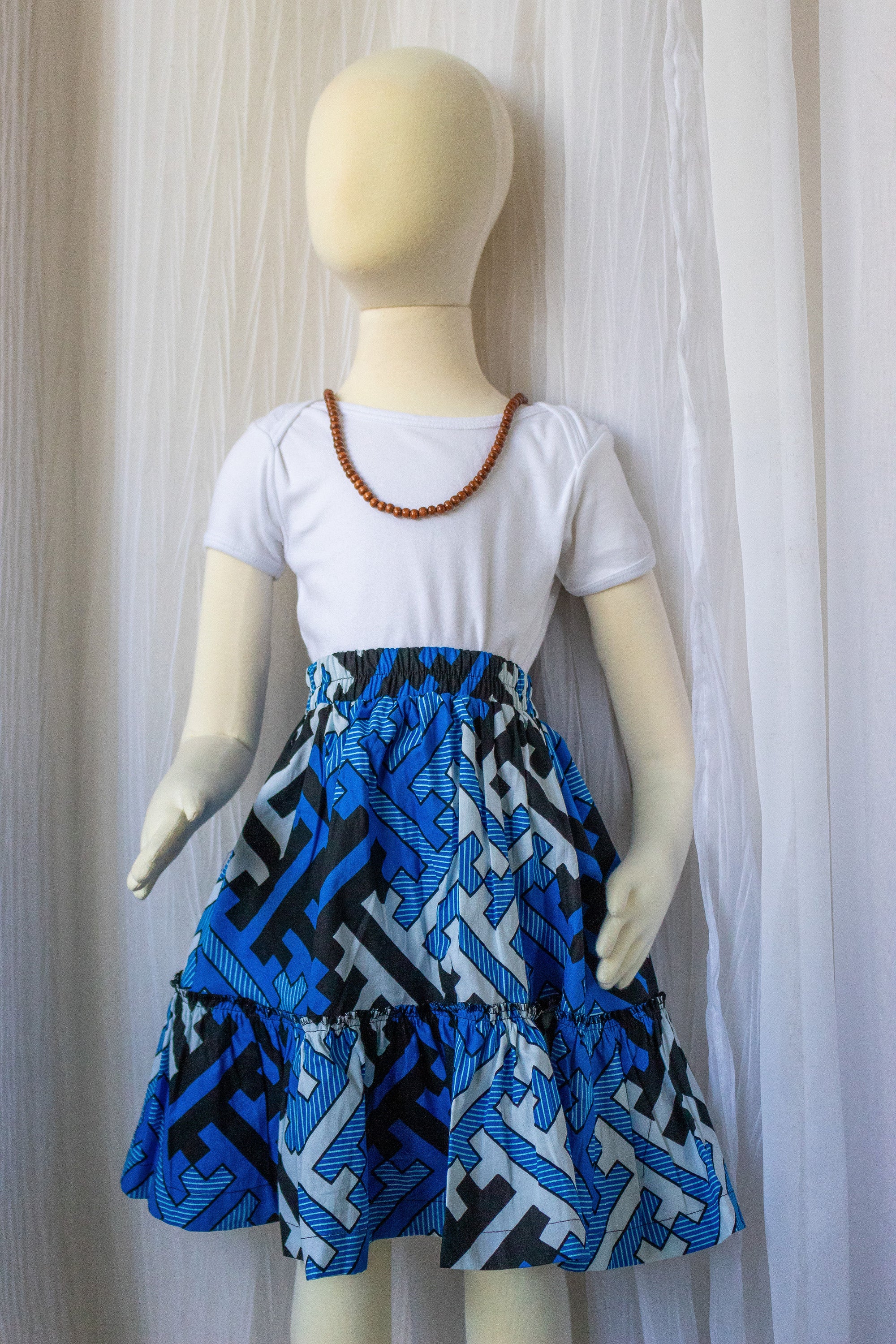 Tiered Skirt Ankara/Kitenge/African Print- Light Blue/Black Geometric Print