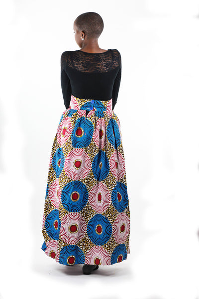 African Print Maxi Skirt-Blue/Red Concentric Print - Africas Closet