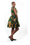 African Print Gathered Midi Dress - Blue/Brown/Green Floral Print - Africas Closet