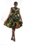 African Print Gathered Midi Dress - Blue/Brown/Green Floral Print - Africas Closet