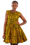 African Print Gathered Midi Dress - Yellow/Black Blue Floral Print - Africas Closet