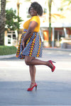 African Print Midi Flare Skirt - Red/Blue /Jungle Green Geometric Print - Africas Closet