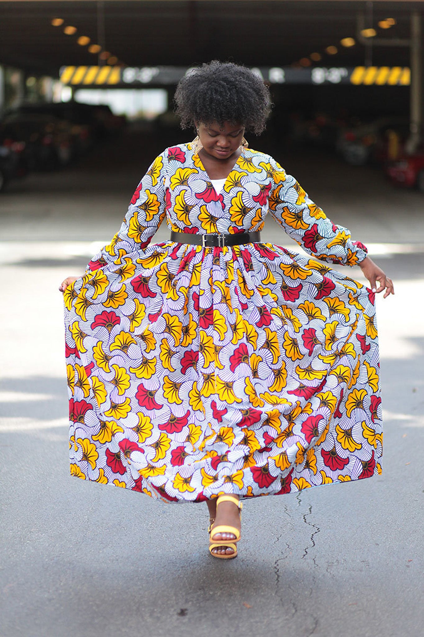 African Print Maxi Dress - White/Yellow /Red Floral Print. - Africas Closet