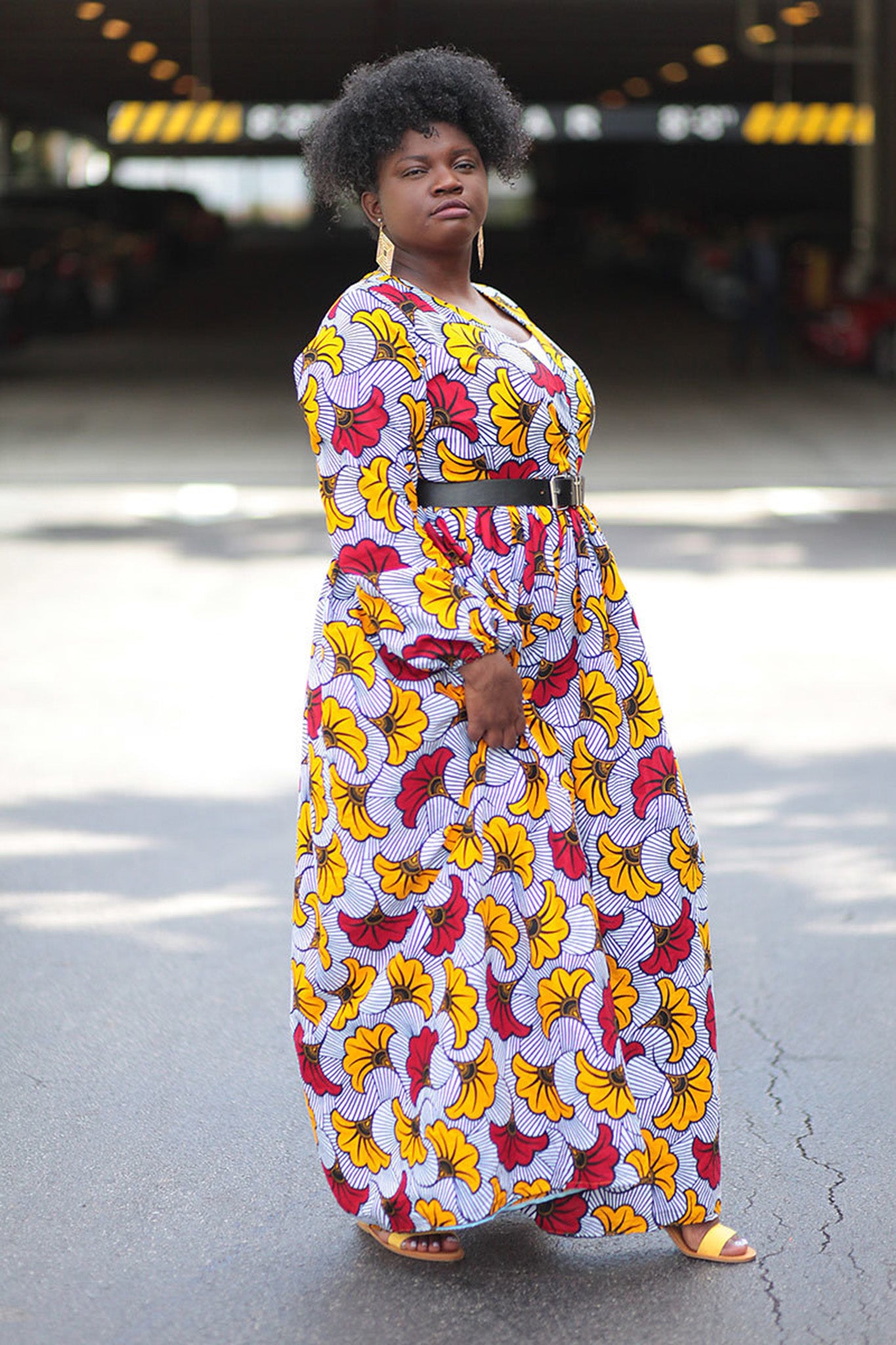 African Print Maxi Dress - White/Yellow /Red Floral Print. - Africas Closet