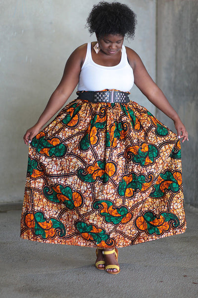 African Print Maxi - Orange/Black/Green Floral Print - Africas Closet