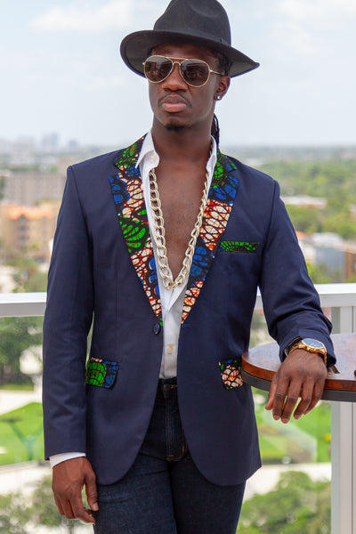 African Print Blazer Jacket - Navy Blue/Green & Blue Floral Print - Africas Closet