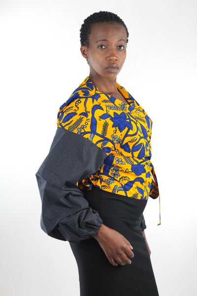 African Print  Mila Wrap Shirt - Blue/Orange/Black Floral Print - Africas Closet