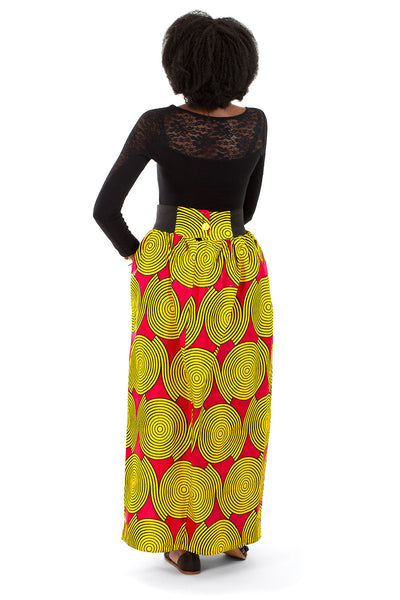 African Maxi Skirt - Red with Yellow Concentric Print - Africas Closet