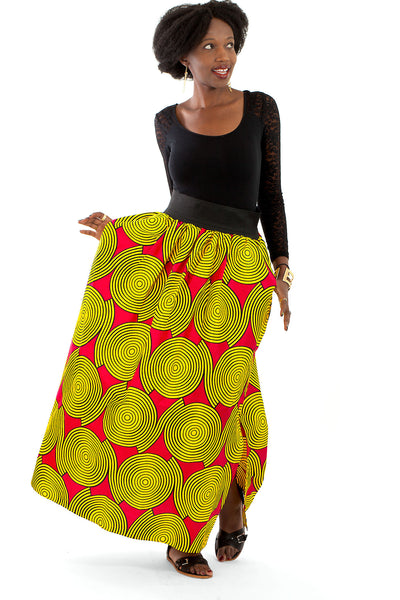 African Maxi Skirt - Red with Yellow Concentric Print - Africas Closet