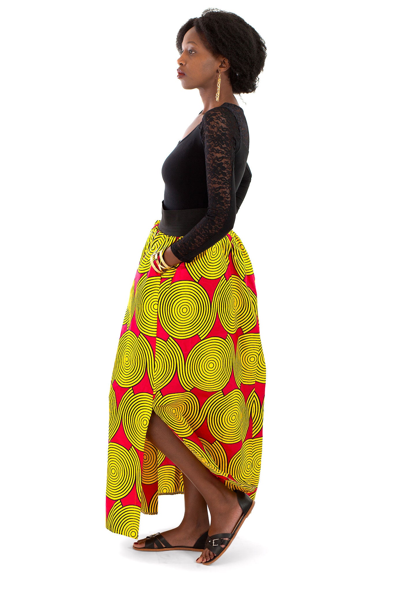 African Maxi Skirt - Red with Yellow Concentric Print - Africas Closet