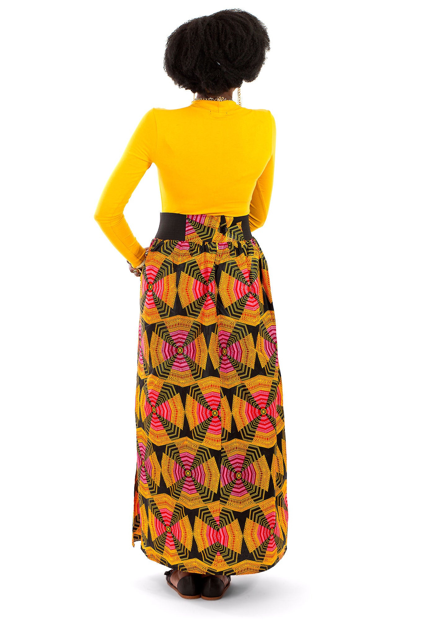 African Maxi Skirt - Orange, Pink, Black Pinwheel Print - Africas Closet