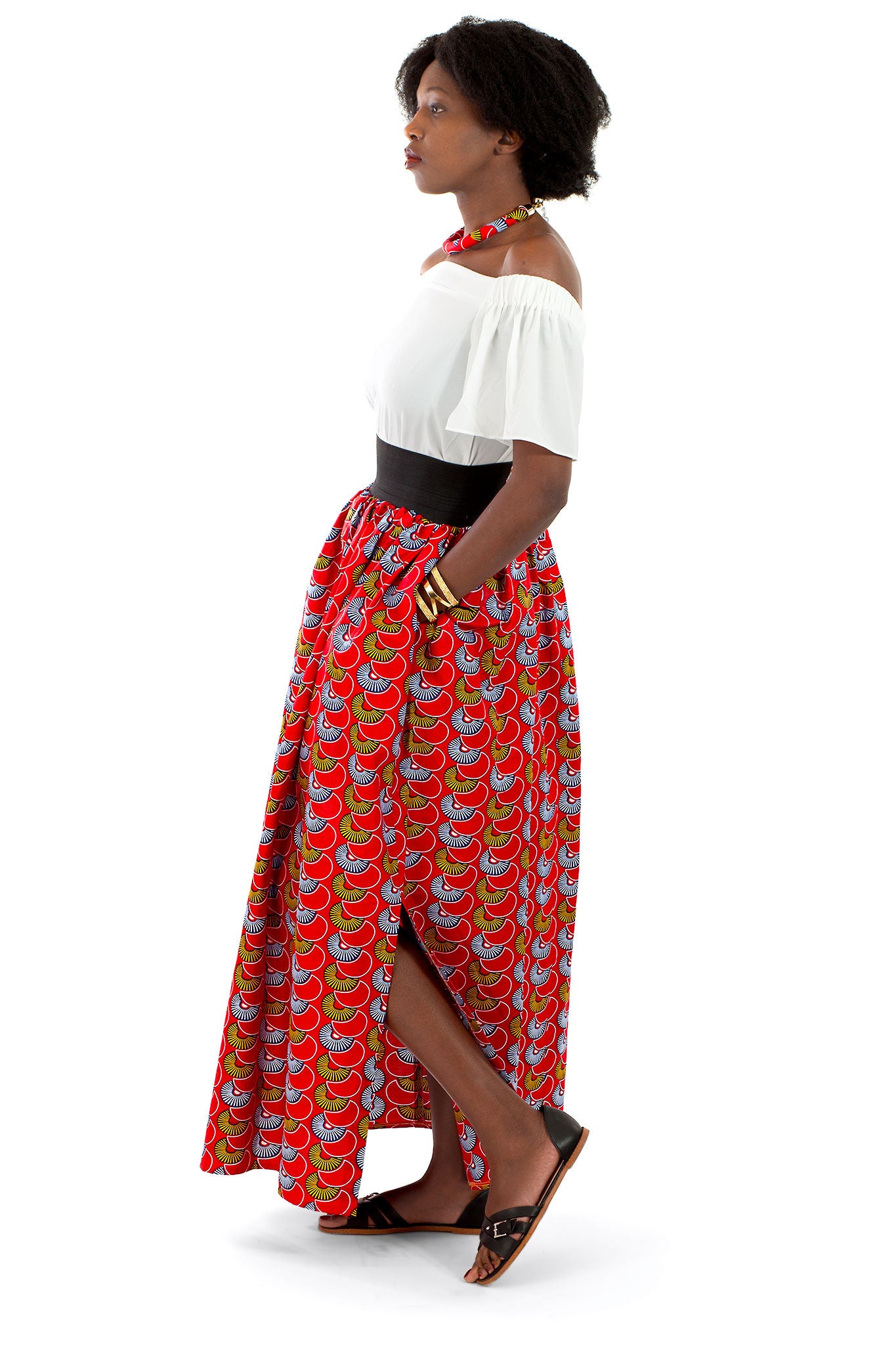 African Maxi Skirt - Red with Blue and Gold Scallops Print - Africas Closet