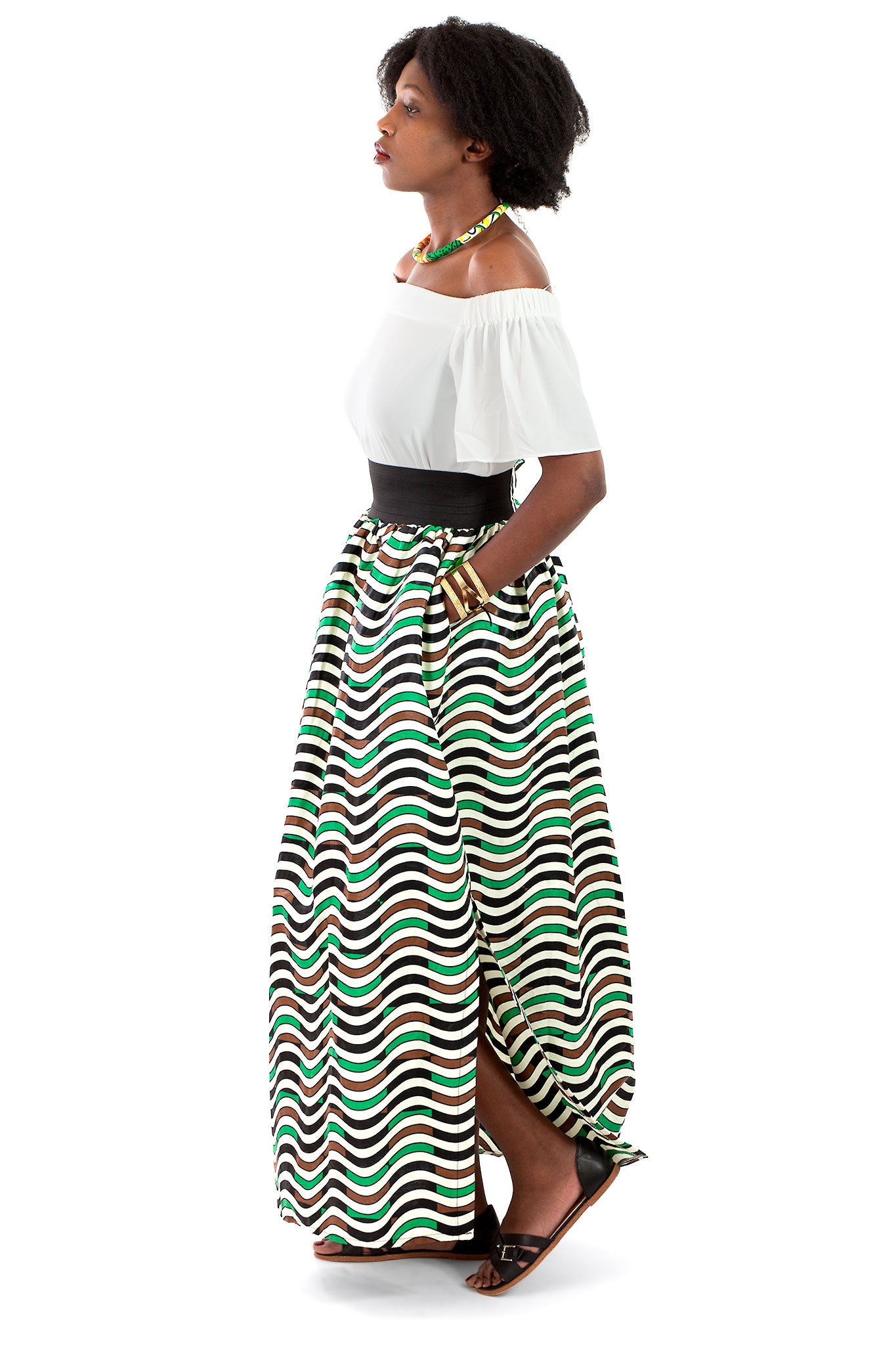 African Maxi Skirt - Green, White, Brown Waves Print - Africas Closet
