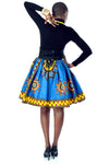 African High-Waisted Midi Flare Skirt - Dashiki Royal Blue/Yellow Key Print - Africas Closet
