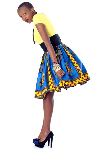 African High-Waisted Midi Flare Skirt - Dashiki Royal Blue/Yellow Key Print - Africas Closet