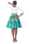 African High-Waisted Midi Flare Skirt - Teal Blue, Lotus Floral Print - Africas Closet