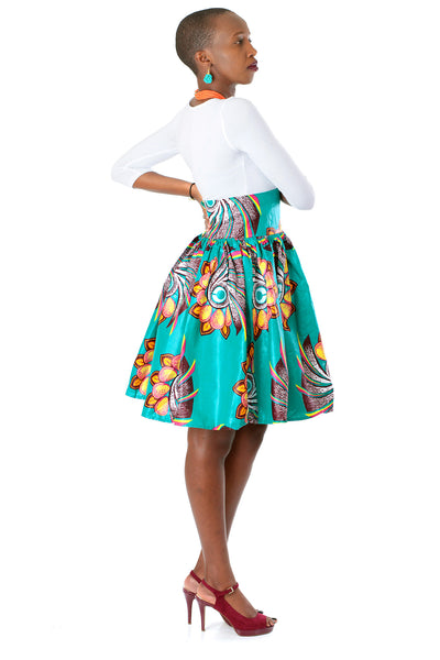 African High-Waisted Midi Flare Skirt - Teal Blue, Lotus Floral Print - Africas Closet
