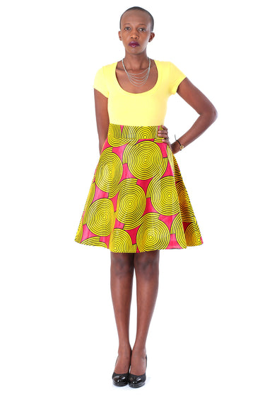 African A-line Midi Flare Skirt - Red with Yellow Concentric Print - Africas Closet
