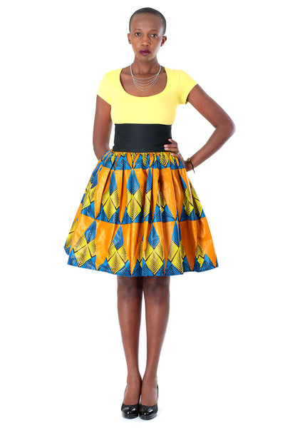 African High-Waisted Midi Flare Skirt - Blue, Yellow and Golden Brown Pyramid Print - Africas Closet