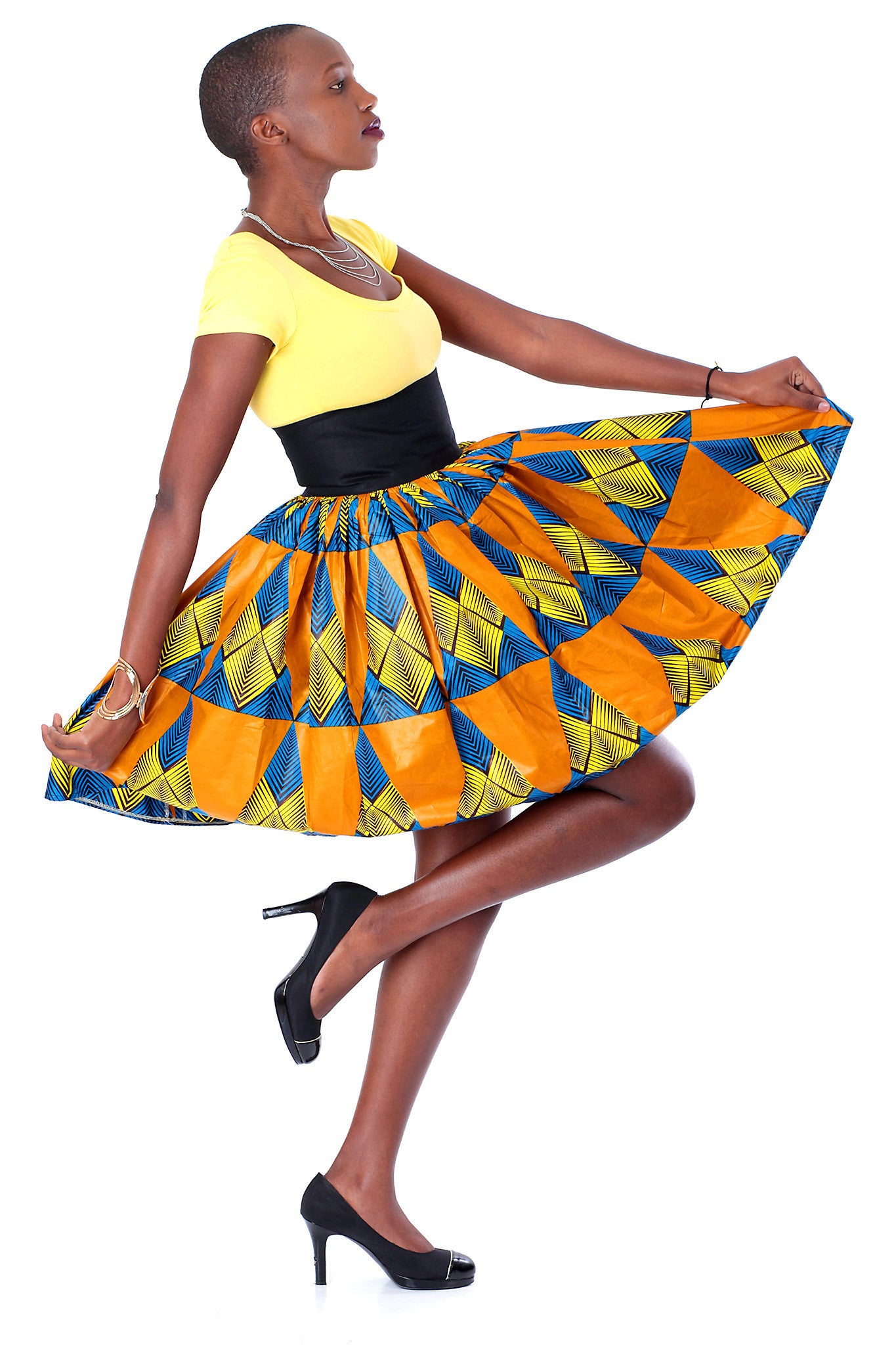 African High-Waisted Midi Flare Skirt - Blue, Yellow and Golden Brown Pyramid Print - Africas Closet