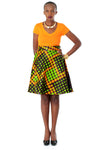 African A-line Midi Flare Skirt -Lime Green and Orange Dice Print - Africas Closet