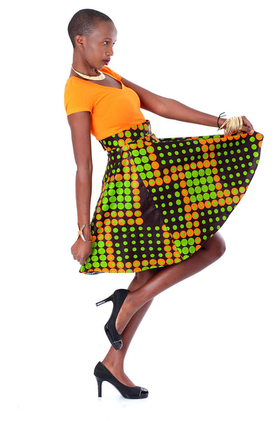 African A-line Midi Flare Skirt -Lime Green and Orange Dice Print - Africas Closet