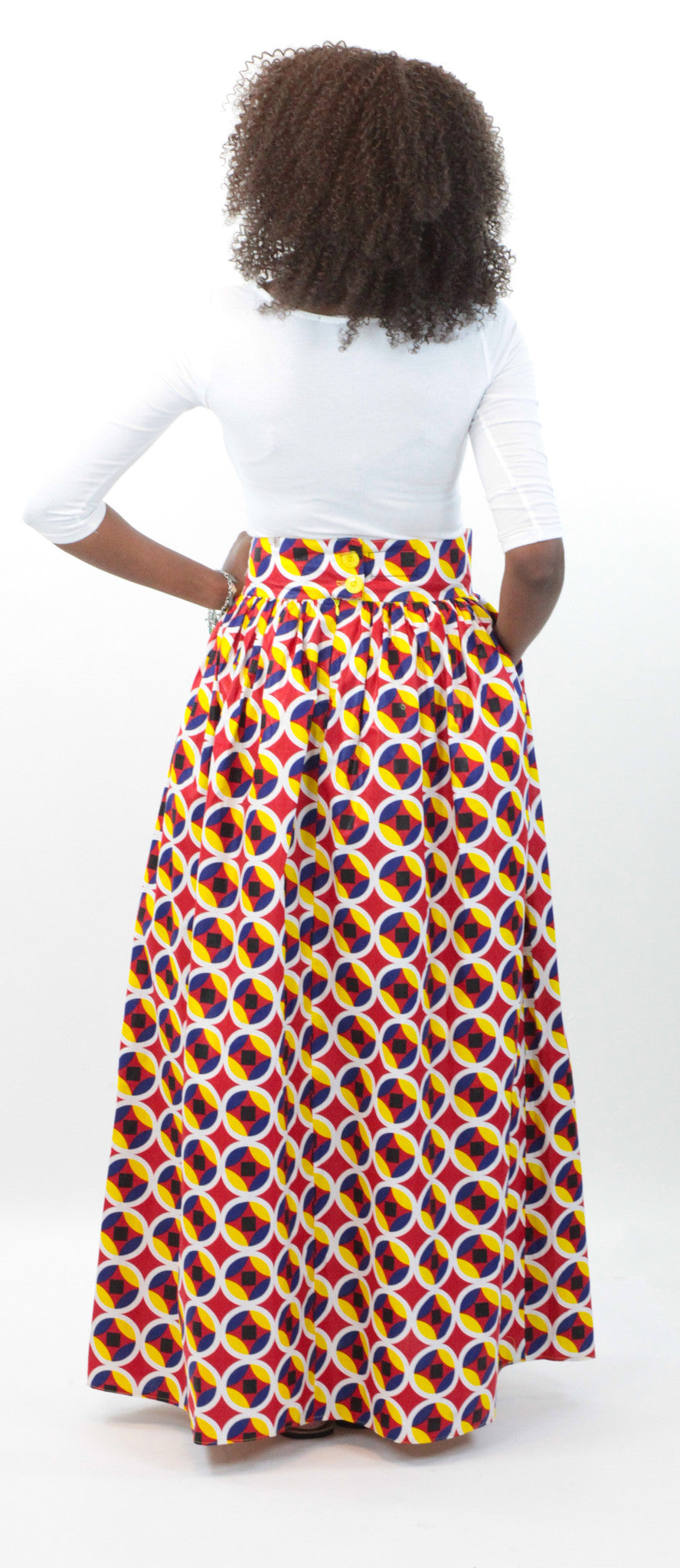 African Maxi Skirt - Concentric Print Red, White and Yellow - Africas Closet