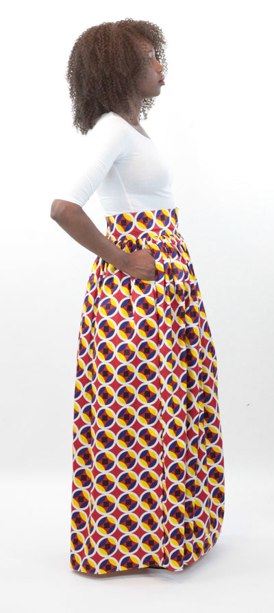African Maxi Skirt - Concentric Print Red, White and Yellow - Africas Closet